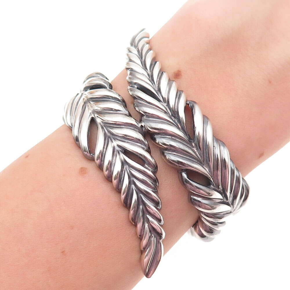 TIFFANY & CO Sterling Silver Vintage Heavy 74.5g Feather Oxidized Bracelet 5.75"